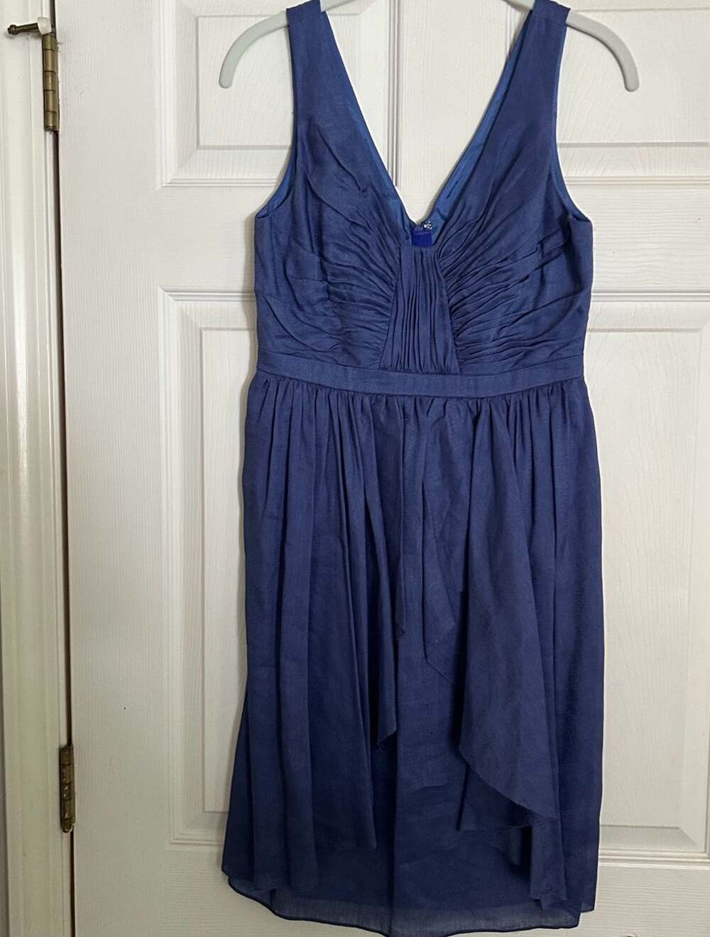 Quillaree Blue Linen Silk Blend V-Neck Pleated Sleeveless Cocktail Dress
